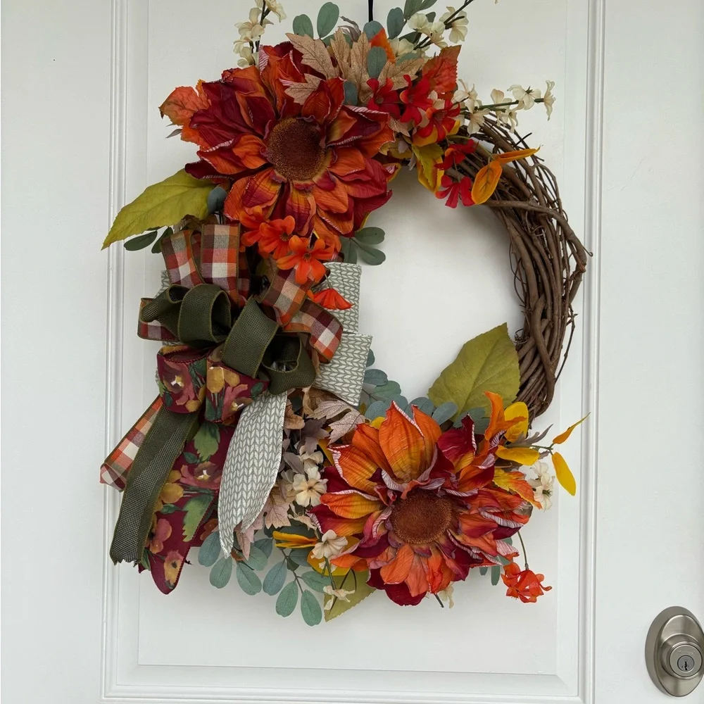 Autumn Harvest Wreath with Sunflowers and Plaid Ribbon